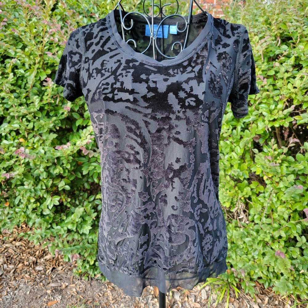 Simply Vera Wang XS Tee Black Burnout Velvet Paisley Sheer Short Sleeve Top Goth